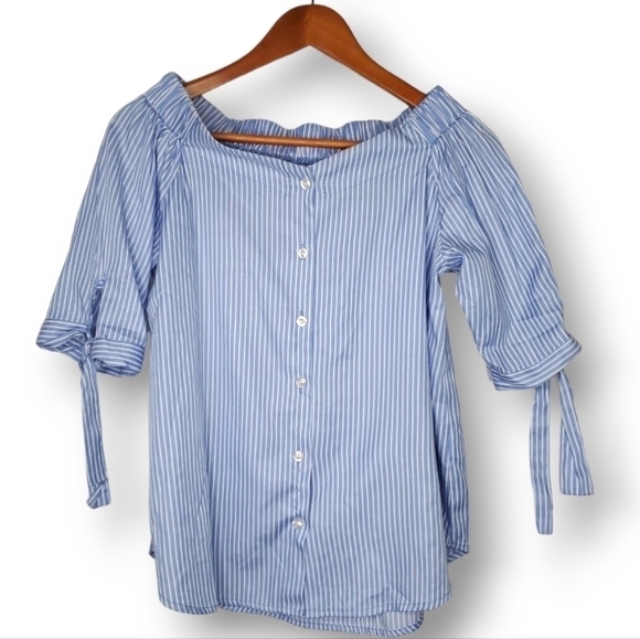 Haute Project Tops - HAUTE Project Stripped Off-the-shoulder Cuff Tie Sleeves Button Blouson Size M